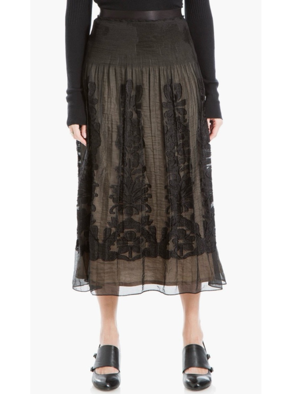 Max Studio Floral Jacquard Overlay Midi Skirt in Black Size S